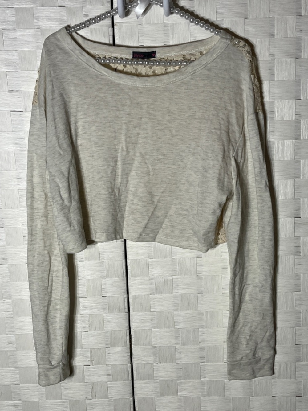 Joyce Leslie Cream Cropped Long-Sleeve Top with Lace Detail
